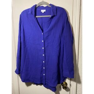 J Jill Purple Cobalt Royal Blue Gauze Cotton Long Sleeve Tunic Shirt Women XL